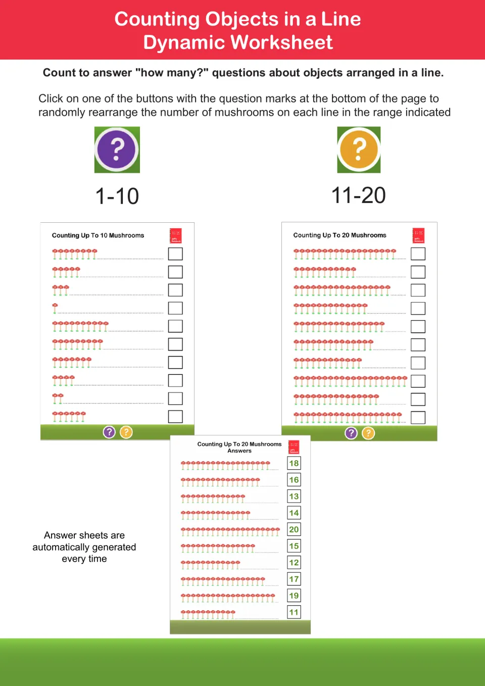 Counting mushrooms in a line: sheets to 10 and to 20 where students count each row and write the total, with answers