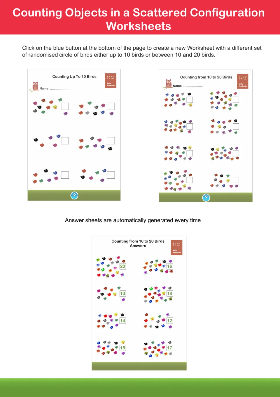 Counting scattered birds: sheets up to 10 and from 10 to 20 where students write each group's total, plus answers