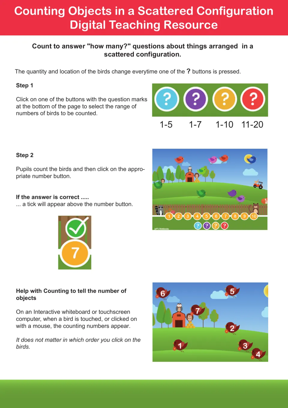 Scattered counting on screen: pupils choose a range up to 20, count birds spread over a farm scene and click the total
