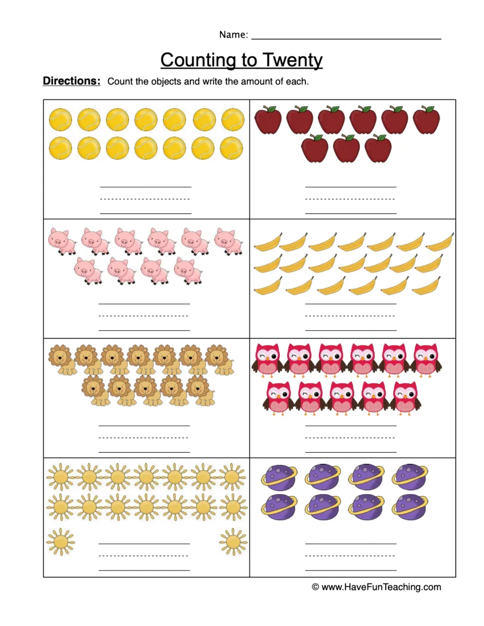 Counting to Twenty: students count tennis balls, apples, pigs, bananas, lions, owls, suns and planets, writing each total