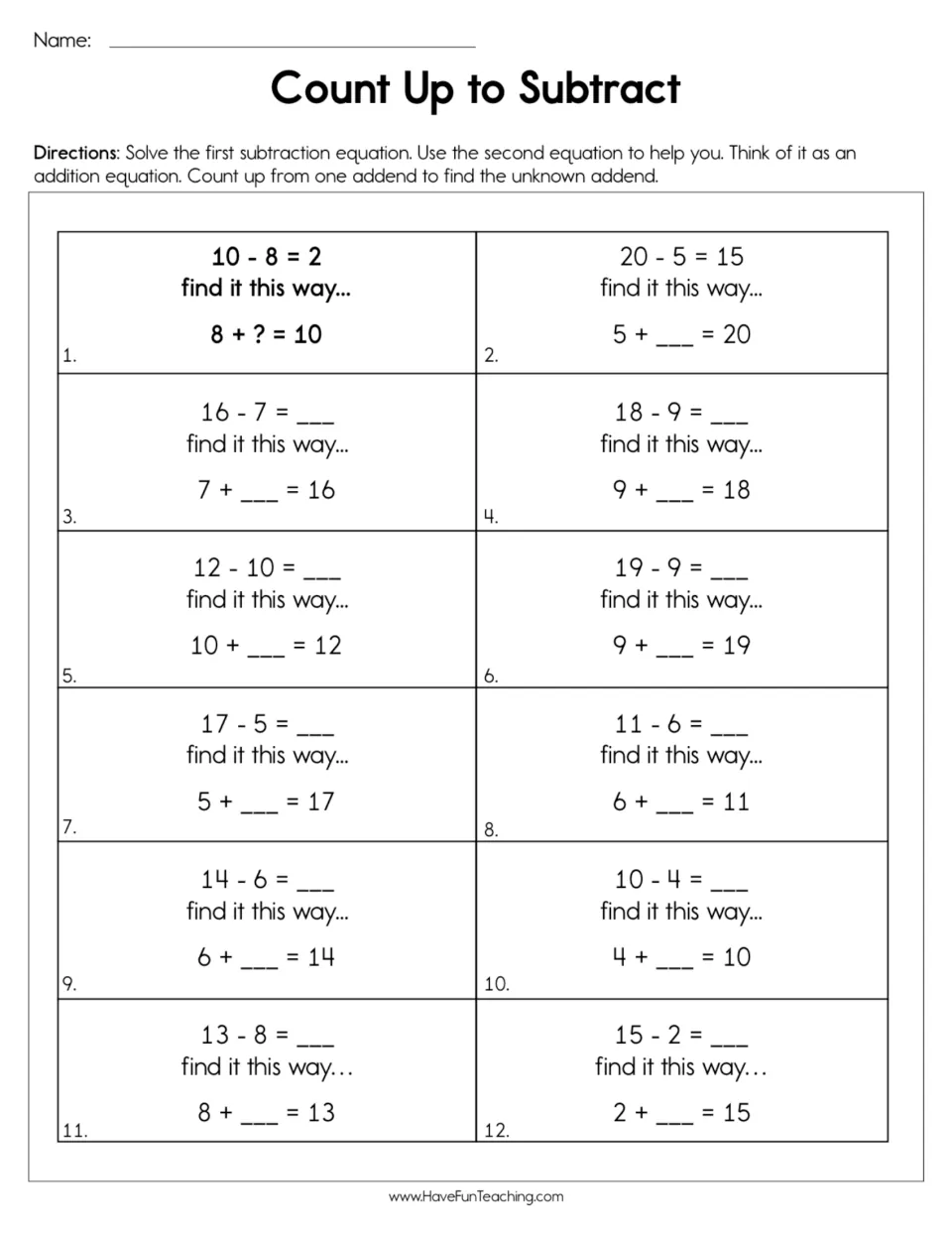 Subtraction practice: 12 numbered items pair subtraction within 20 with addition to find the unknown addend.