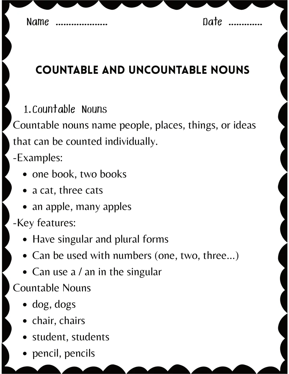 Countable nouns notes: definition, examples like one book, two books, key features such as plural forms and using a / an