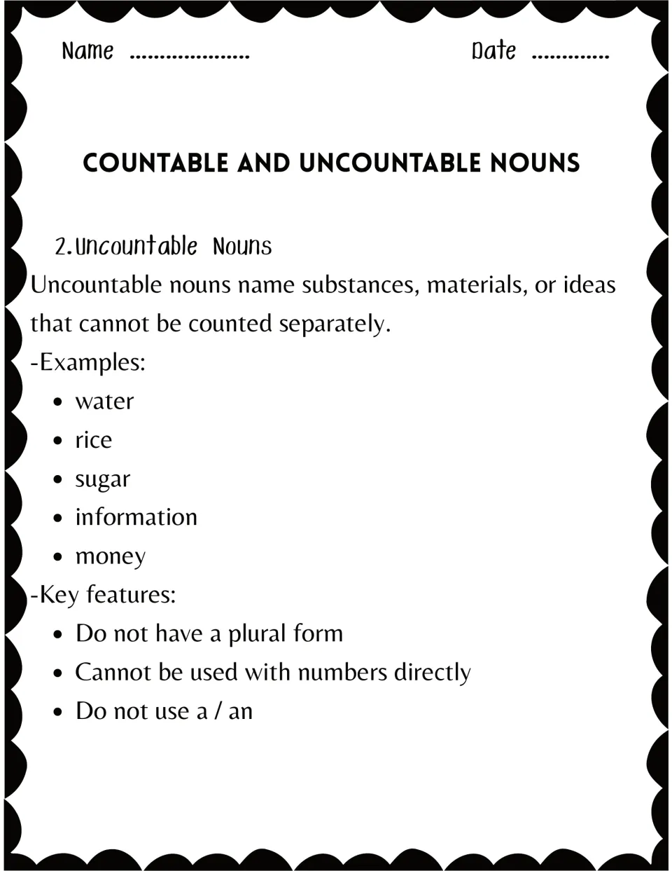 Uncountable nouns notes: definition, examples water, rice, sugar, information, money, and rules like no plural form