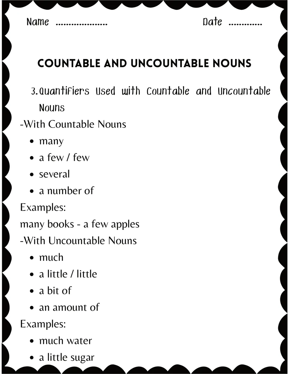 Quantifiers reference: many, a few and several with countable nouns; much, a little and a bit of with uncountable nouns