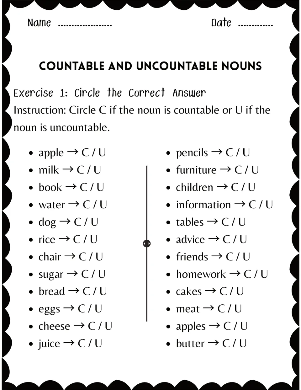 Exercise 1: students circle C or U to classify 24 nouns like apple, milk, furniture and advice as countable or uncountable