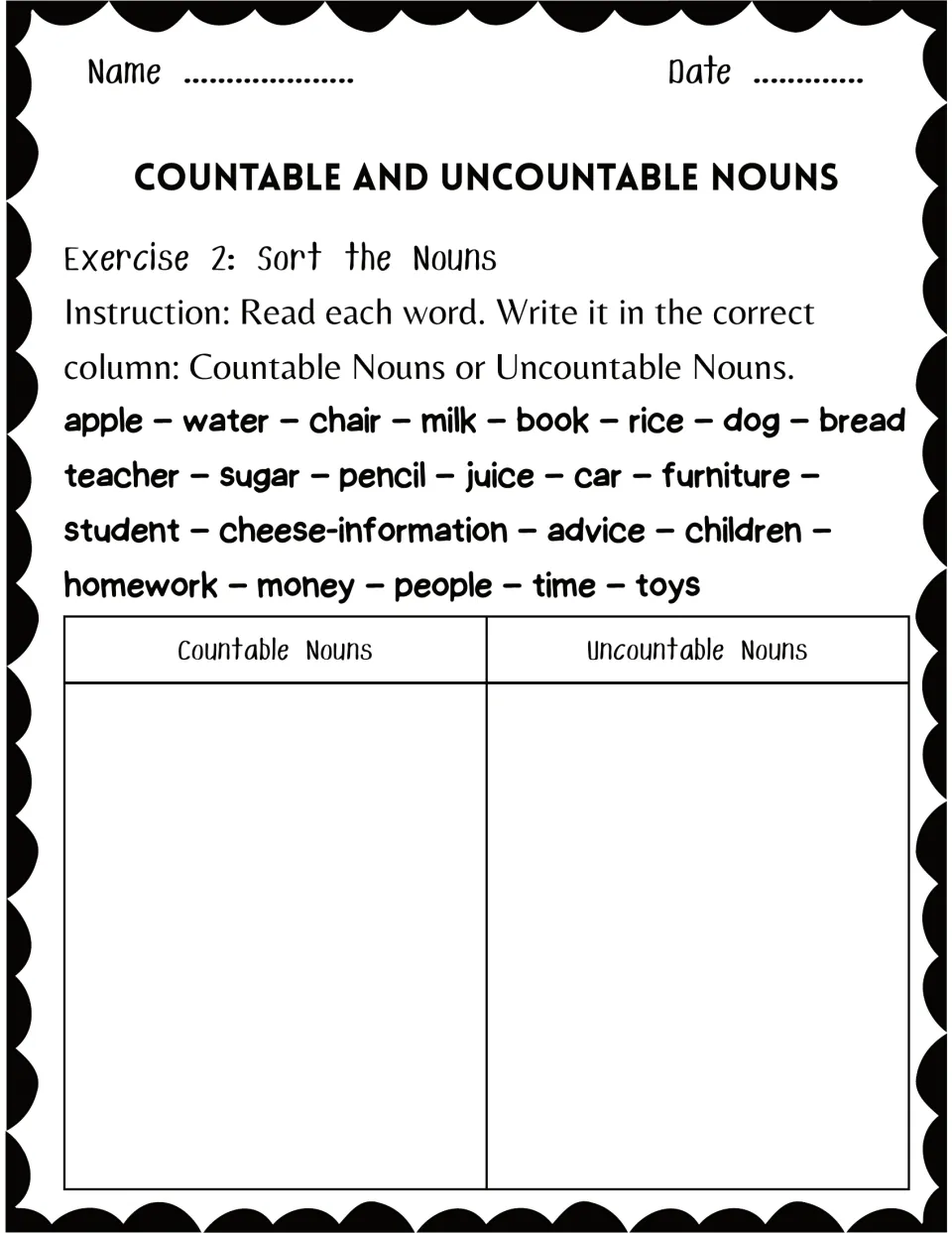 Exercise 2 noun sort: students write words like water, chair, homework and toys under Countable or Uncountable Nouns