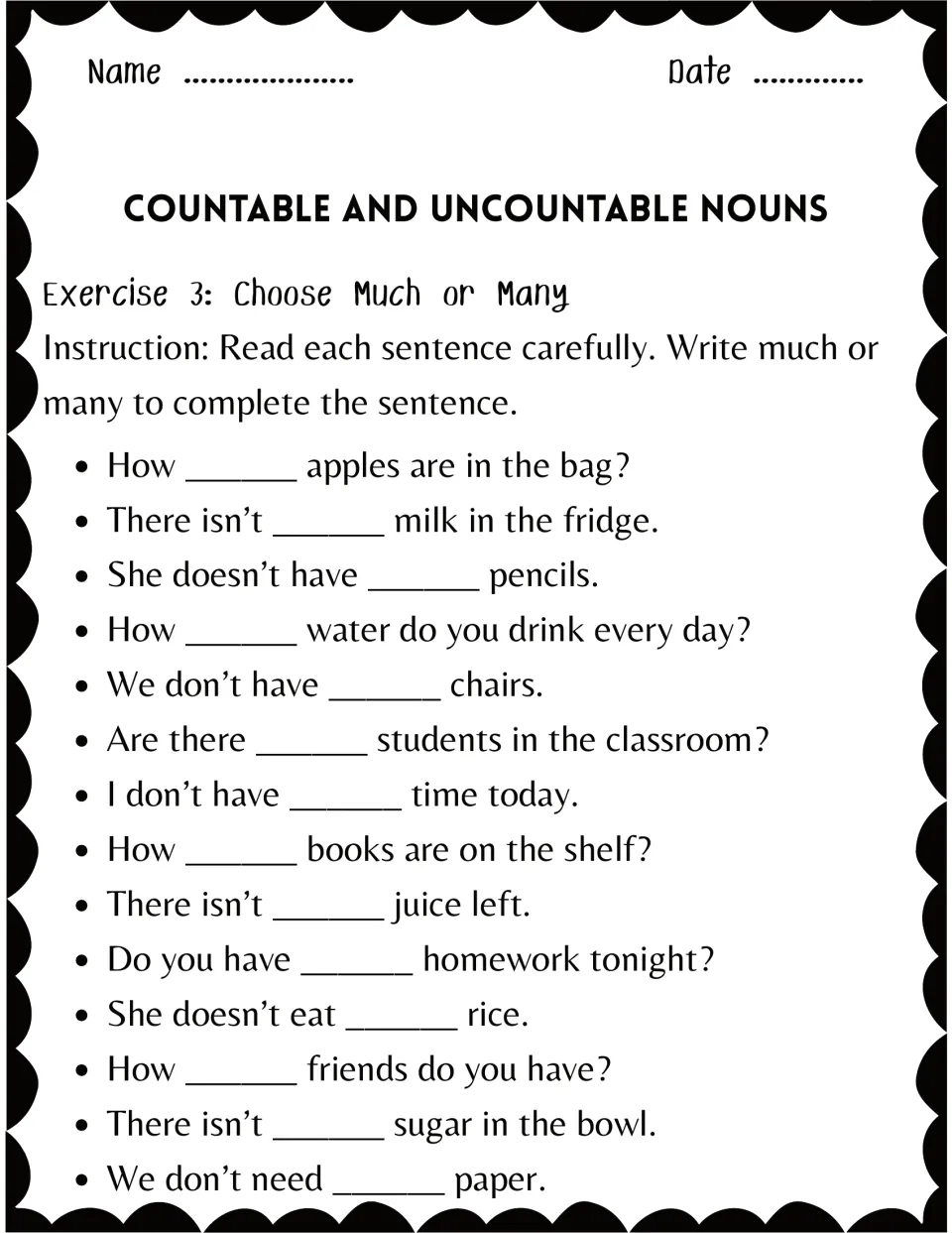 Exercise 3: students write much or many to complete 14 sentences, such as How ___ apples are in the bag?