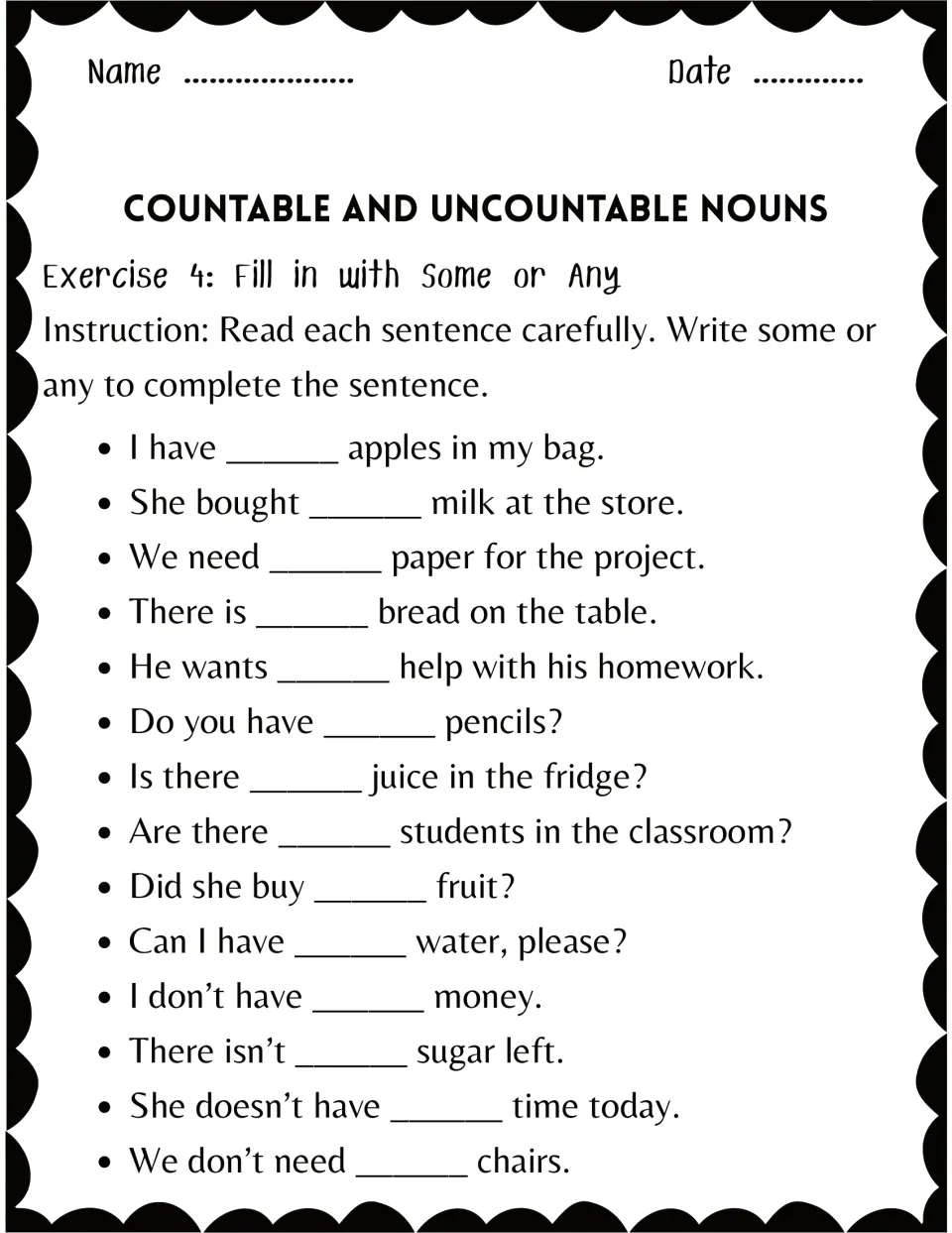Exercise 4: students fill in some or any in 14 sentences, including questions and negatives like I don't have ___ money