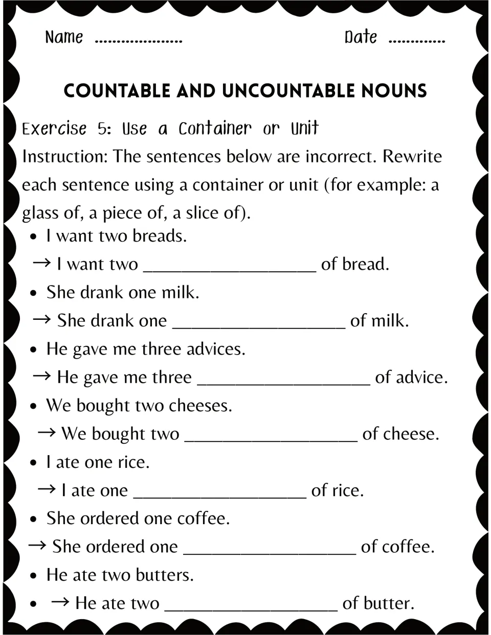 Exercise 5: students fix 7 incorrect sentences like I want two breads by adding a container or unit, e.g. slices of