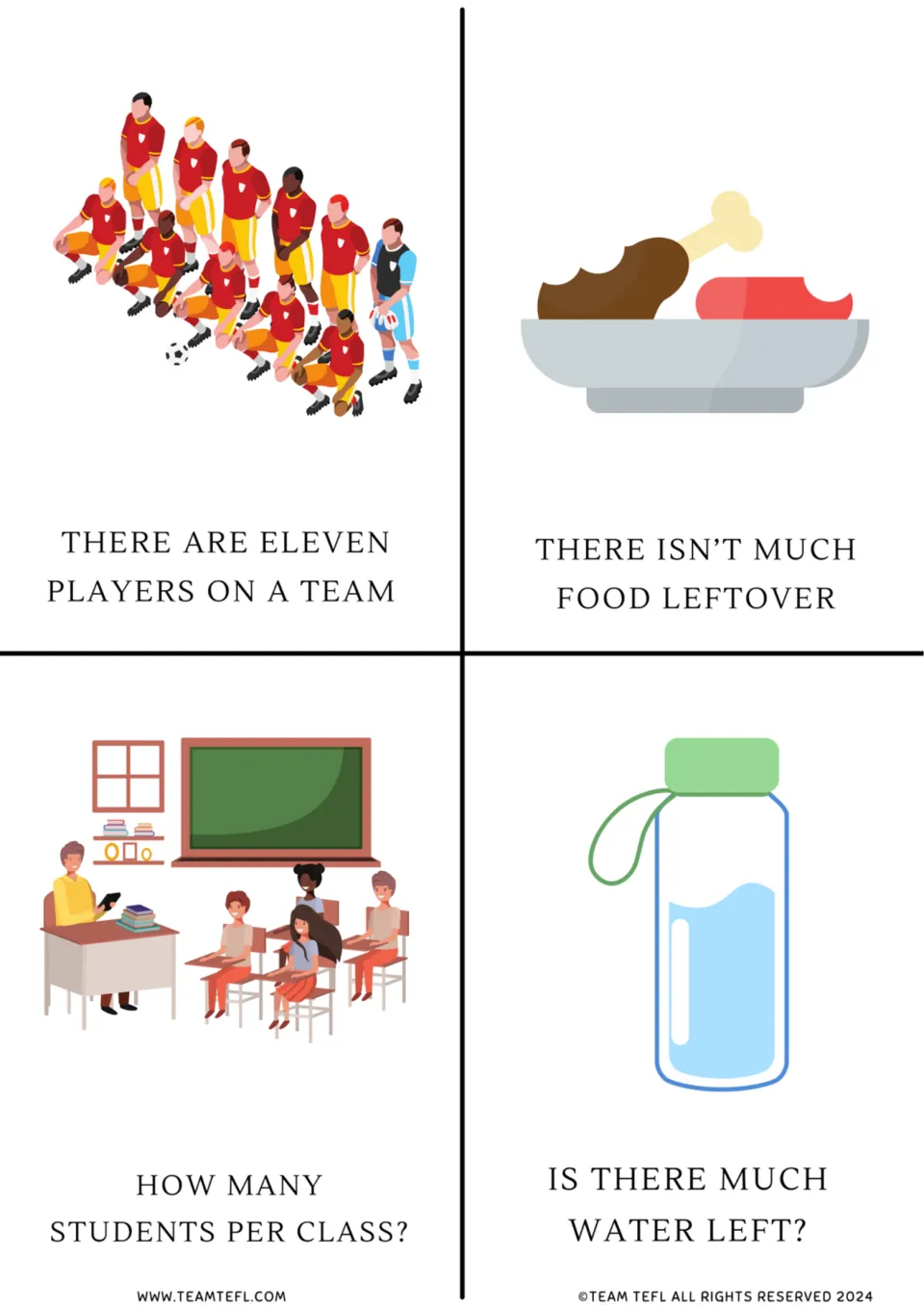 Noun flashcards 1–4: eleven players on a team, food left over, students per class, and water left