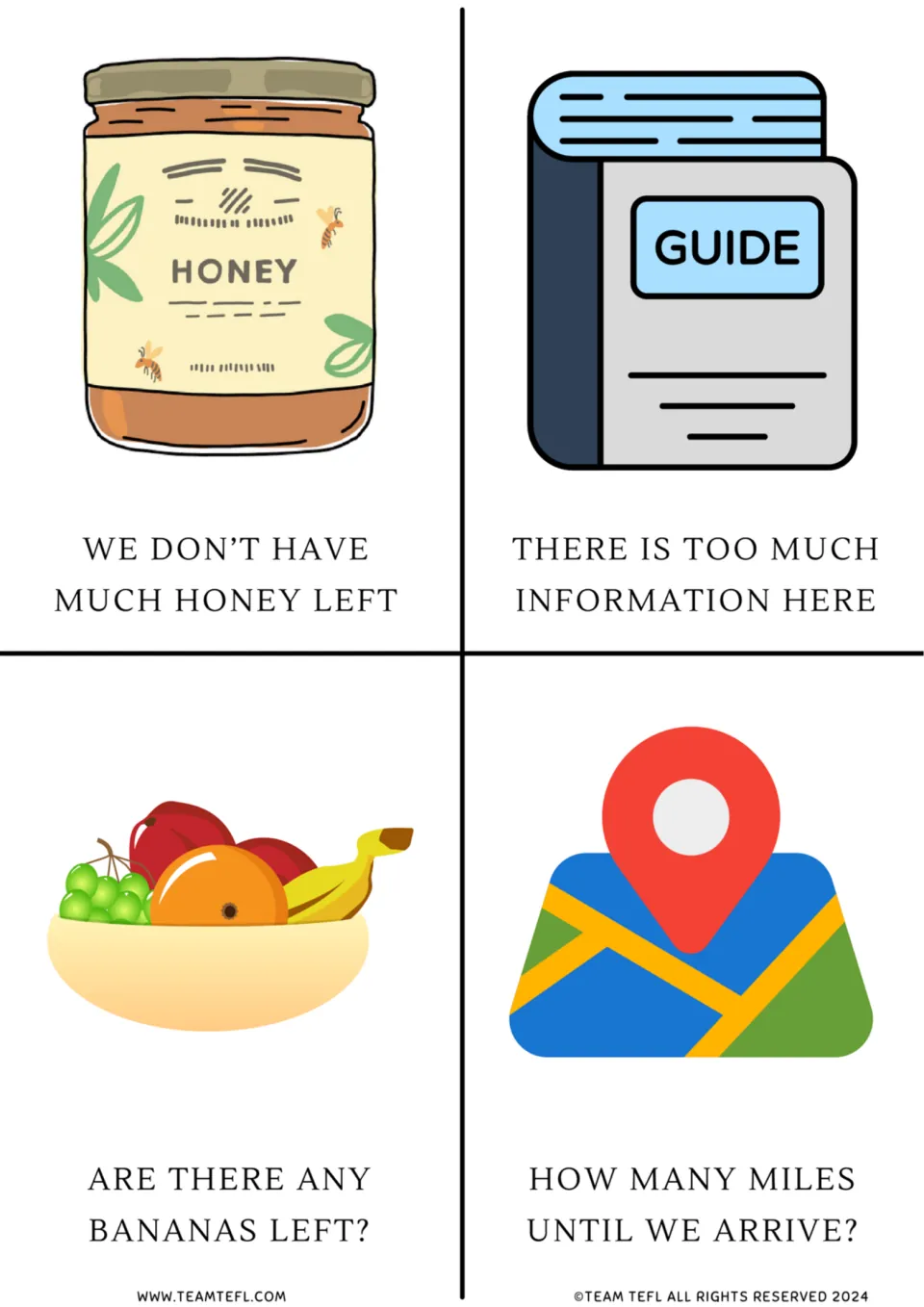 Noun flashcards 5–8: not much honey, too much information, any bananas left, and how many miles