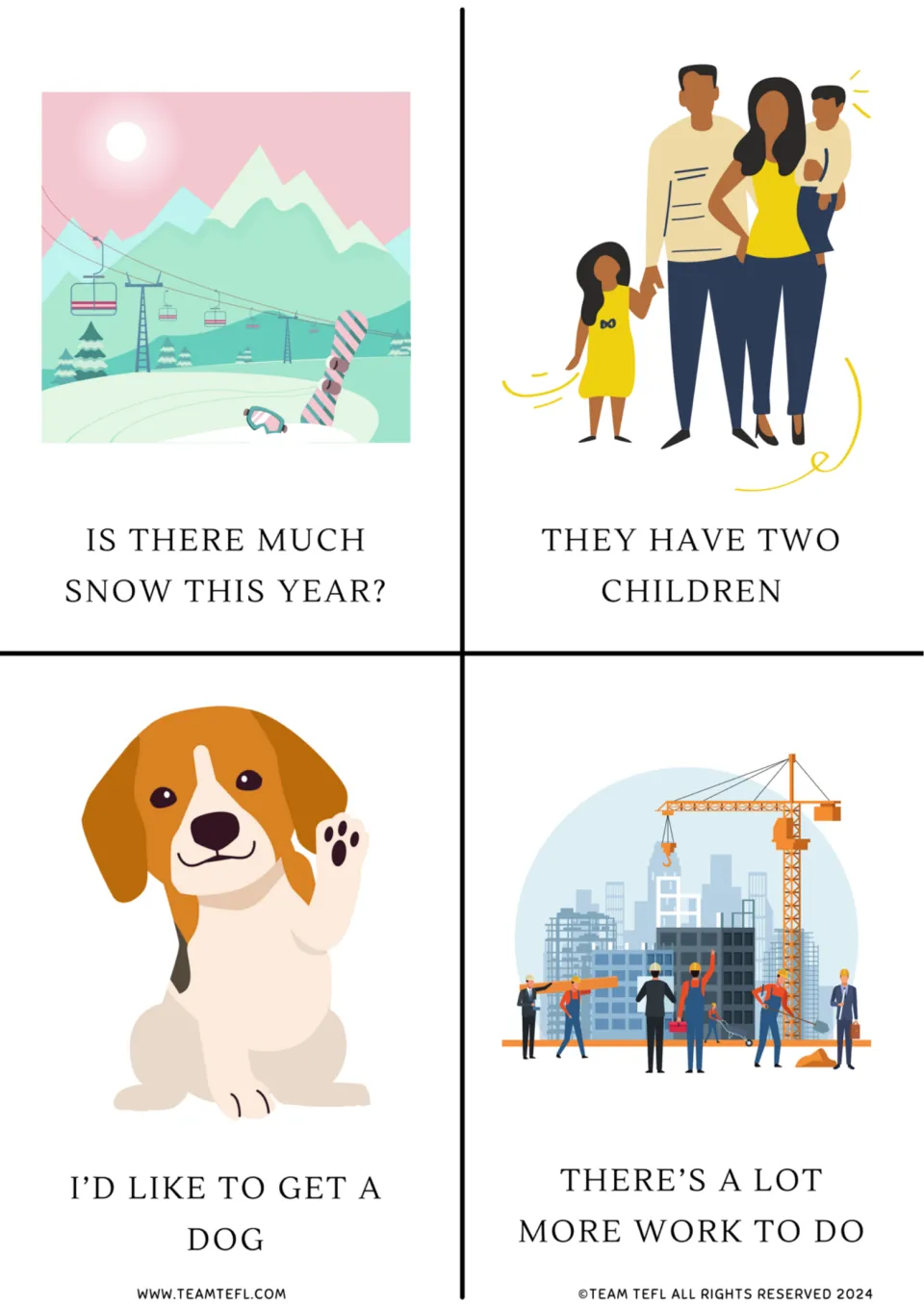 Noun flashcards 9–12: much snow this year, two children, getting a dog, and a lot more work to do