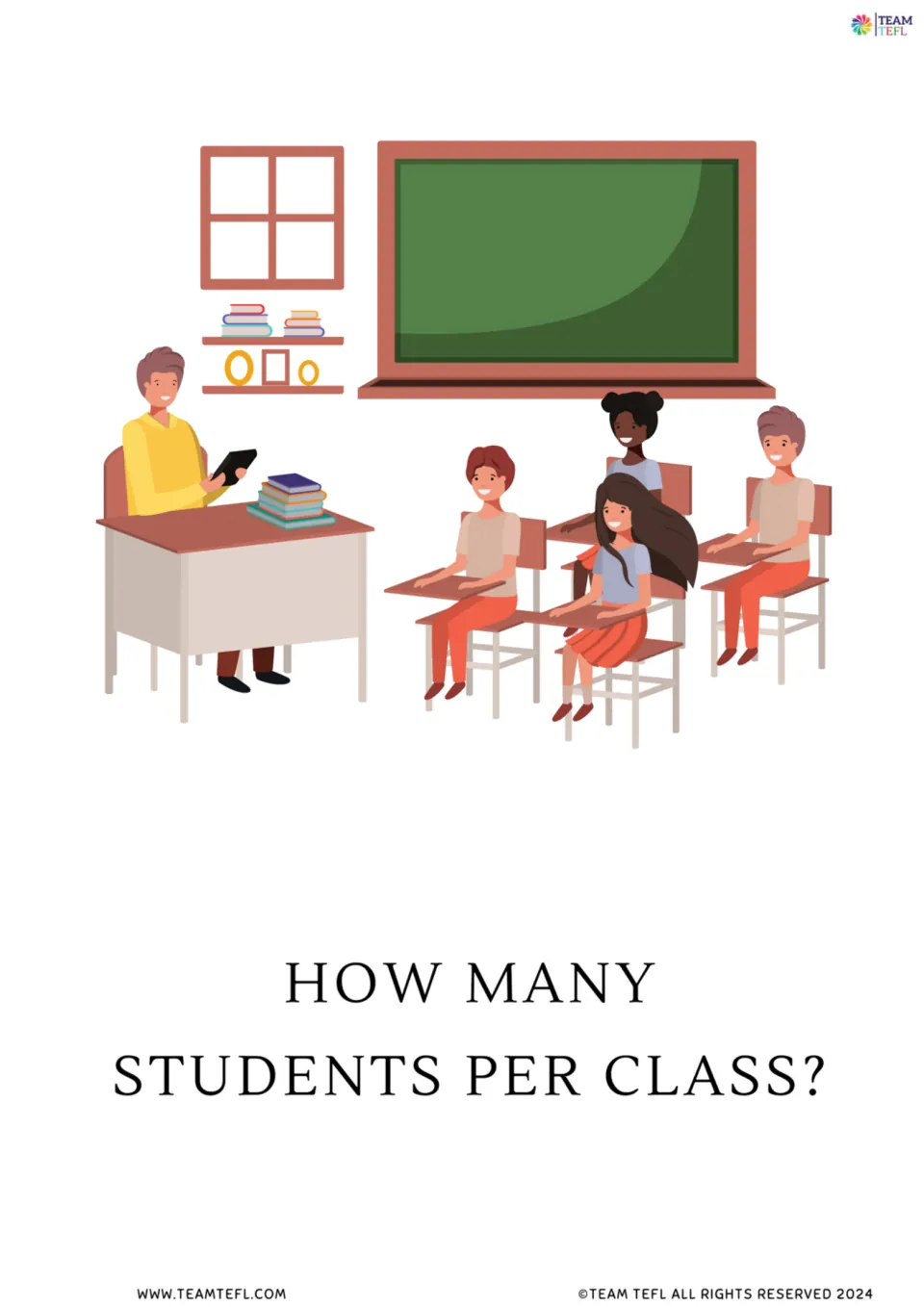 Full-page noun flashcard 3: a teacher and students illustrate the question 'How many students per class?'