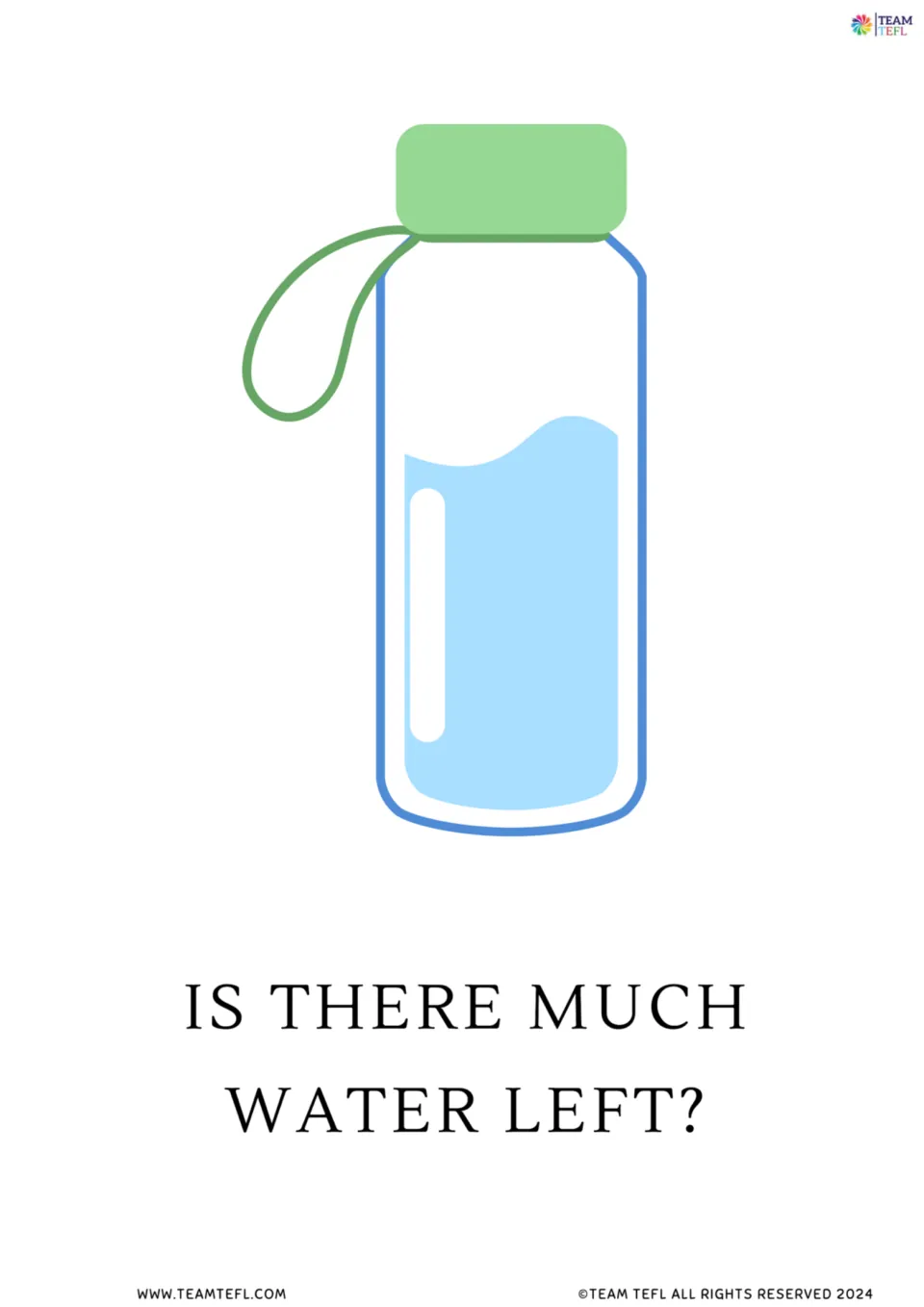 Full-page noun flashcard 4: a partially filled water bottle illustrates 'Is there much water left?'