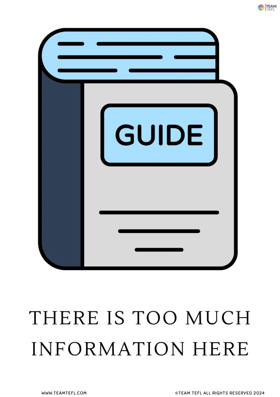 Full-page noun flashcard 6: a book labeled 'Guide' illustrates 'There is too much information here'
