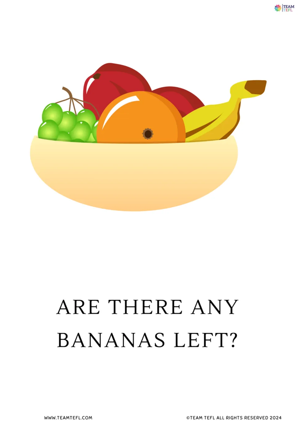 Full-page noun flashcard 7: a fruit bowl with bananas illustrates 'Are there any bananas left?'