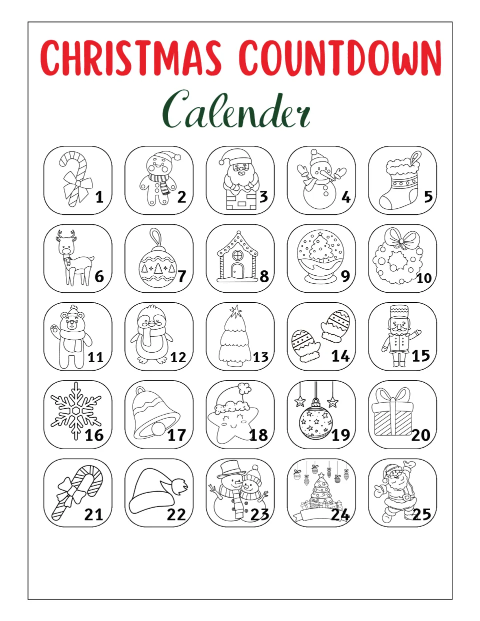 Christmas countdown calendar with 25 numbered coloring pictures, matching the set's daily coloring pages