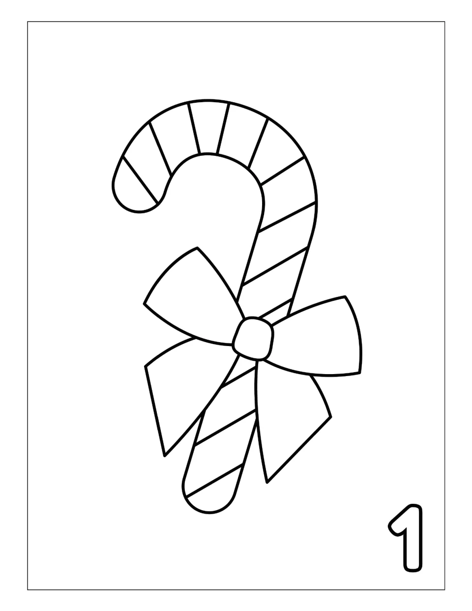 Day 1 Christmas countdown coloring page featuring a striped candy cane tied with a bow and the number 1