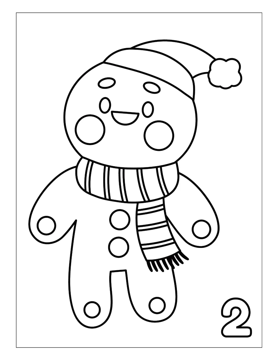 Day 2 Christmas countdown coloring page featuring a gingerbread person wearing a Santa hat and scarf
