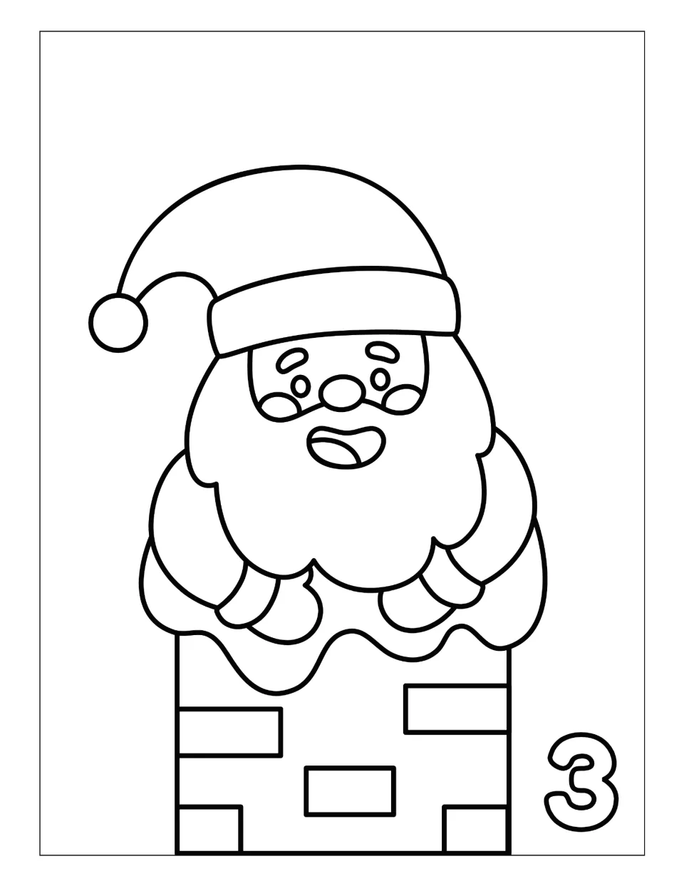 Day 3 Christmas countdown coloring page featuring Santa in a snow-covered chimney beside the number 3