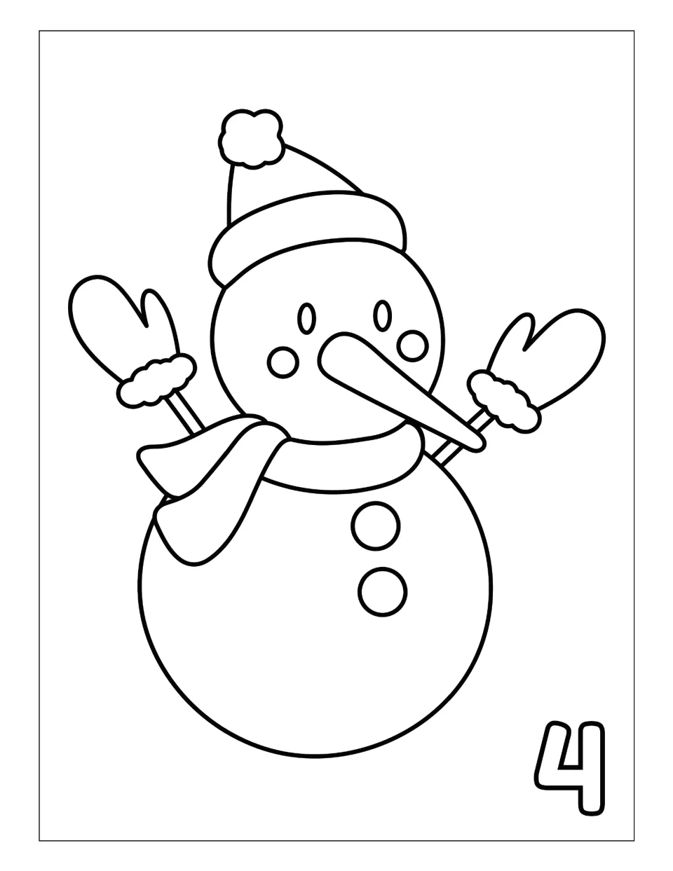 Day 4 Christmas countdown coloring page featuring a snowman wearing a Santa hat, scarf, and mittens