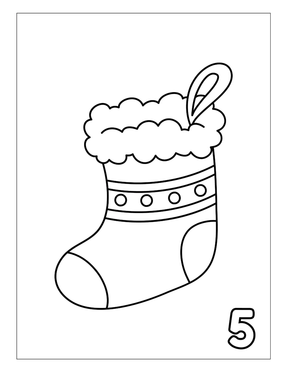 Day 5 Christmas countdown coloring page featuring a stocking decorated with stripes and circles