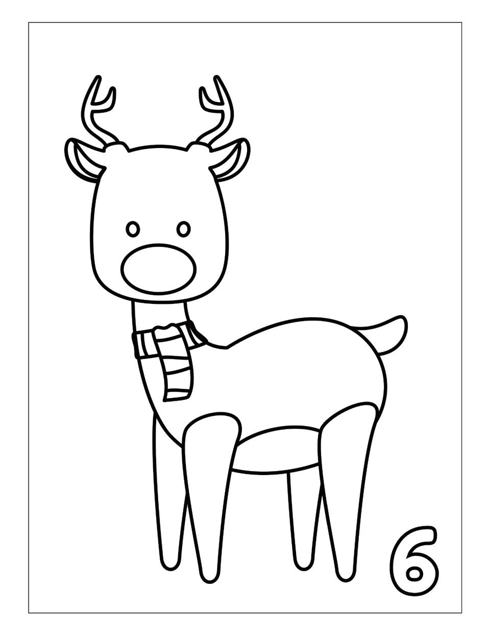Day 6 Christmas countdown coloring page featuring a reindeer wearing a striped scarf and the number 6