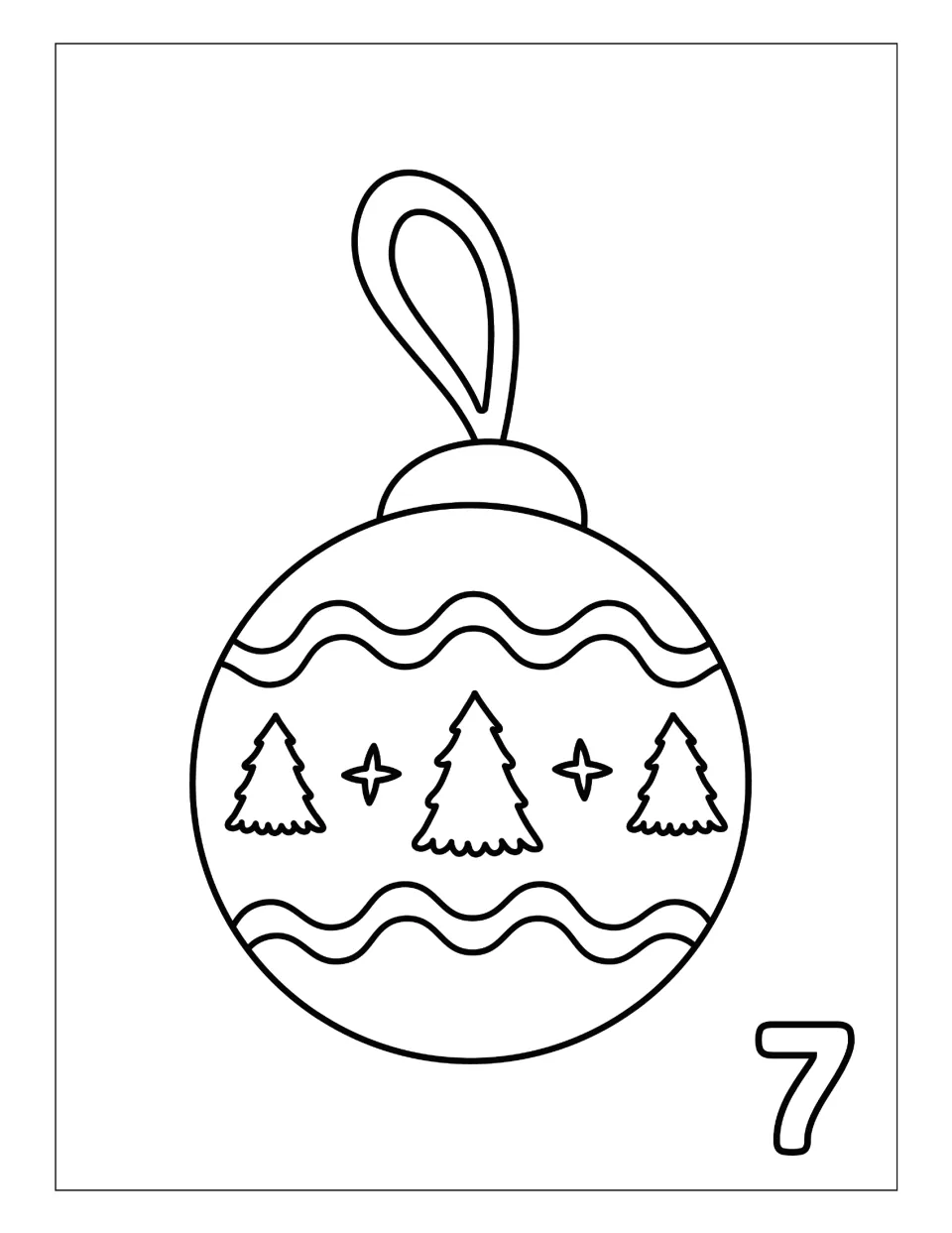 Day 7 Christmas countdown coloring page featuring a round ornament decorated with three Christmas trees