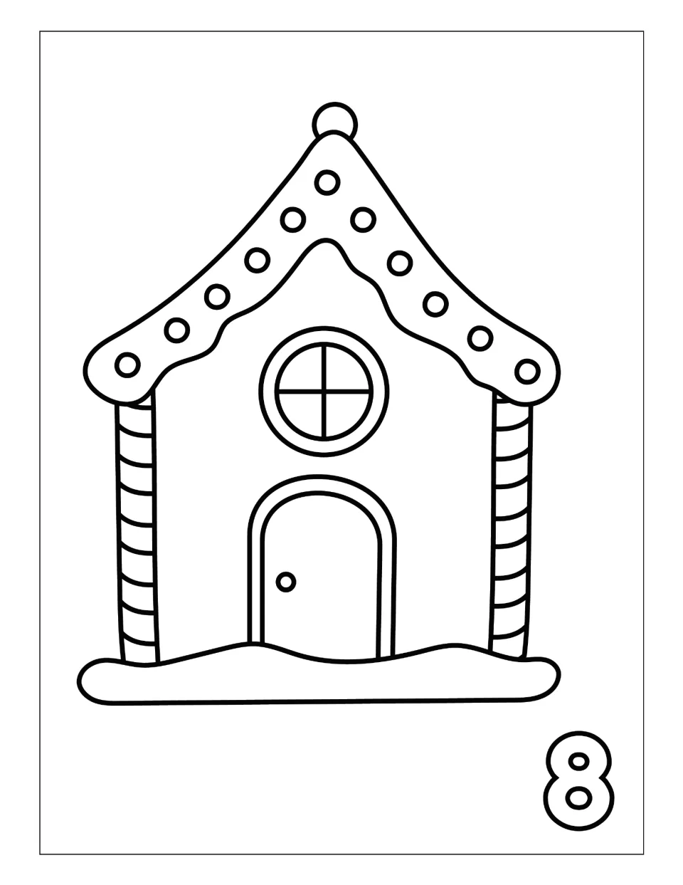 Day 8 Christmas countdown coloring page featuring a gingerbread house with a round window and dotted roof