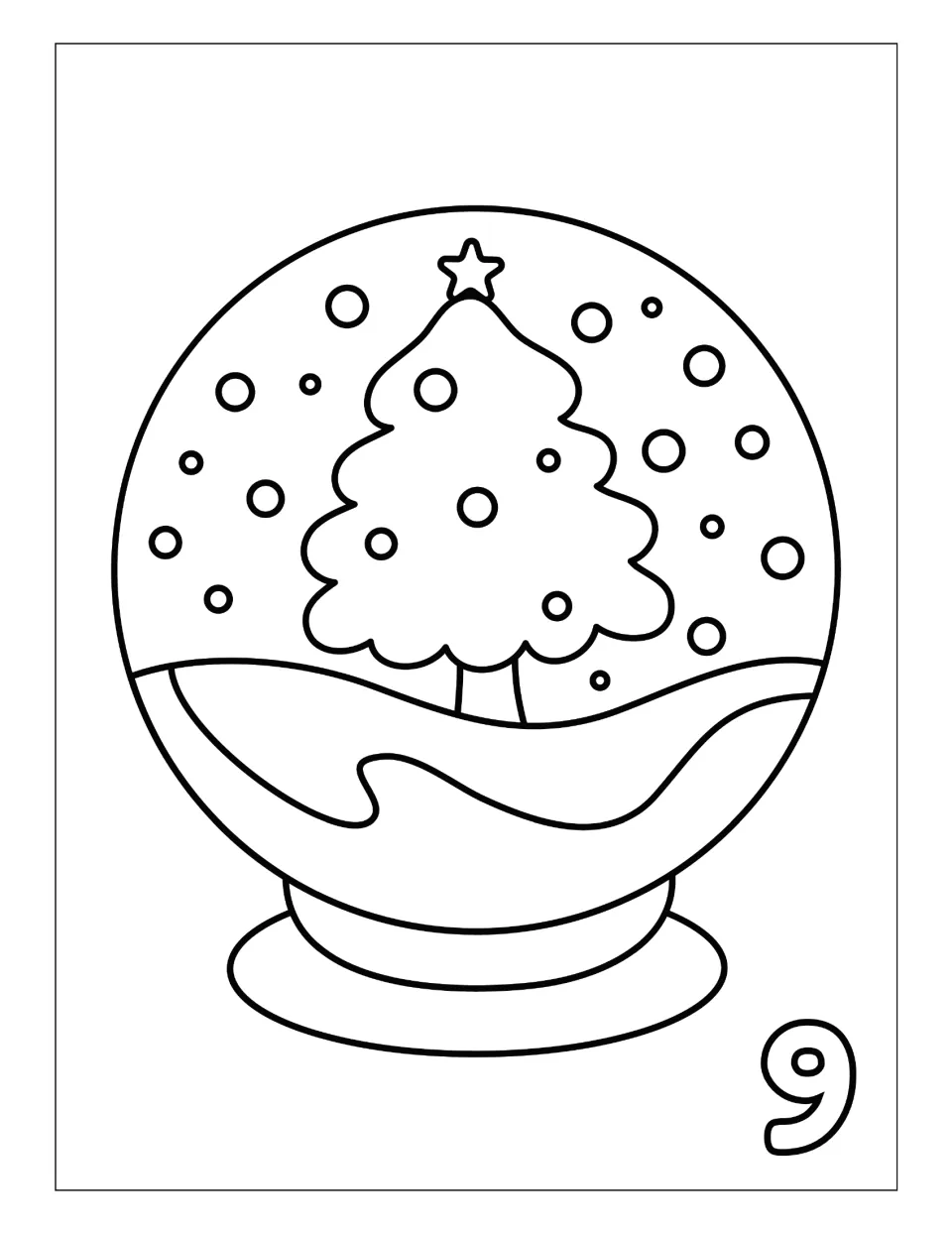 Day 9 Christmas countdown coloring page featuring a snow globe containing a Christmas tree topped by a star