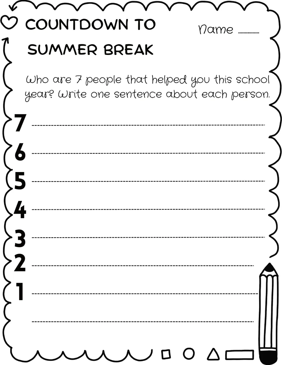 Day 7 gratitude prompt: students name 7 people who helped them this school year and write one sentence about each