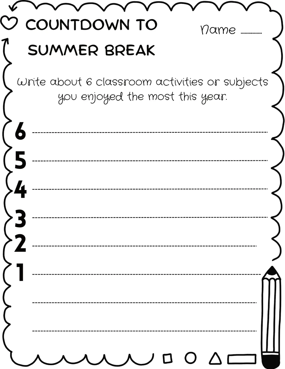 Day 6 prompt on favorite classes: students write about 6 classroom activities or subjects they enjoyed most this year