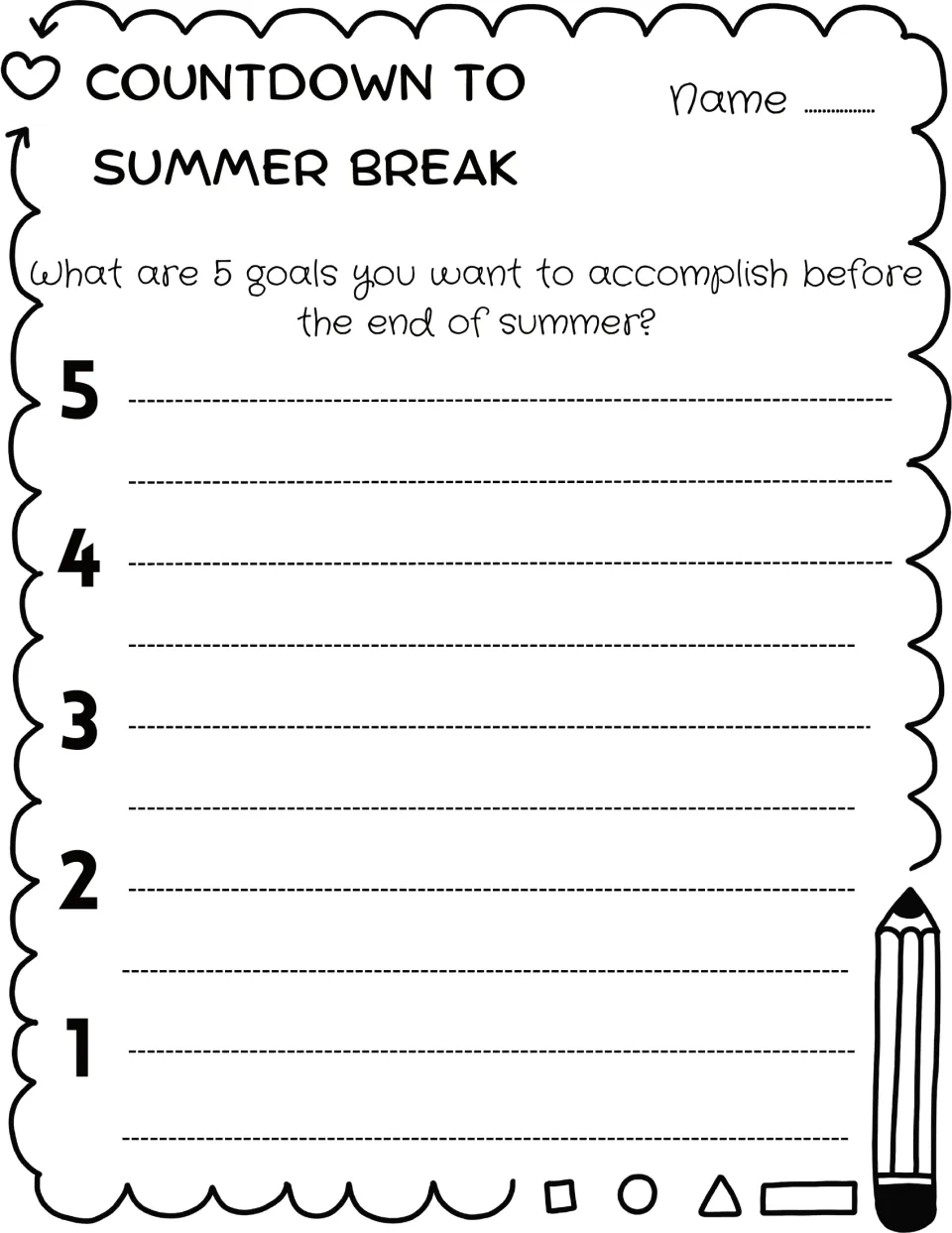 Day 5 goal setting: students write 5 goals they want to accomplish before the end of summer break