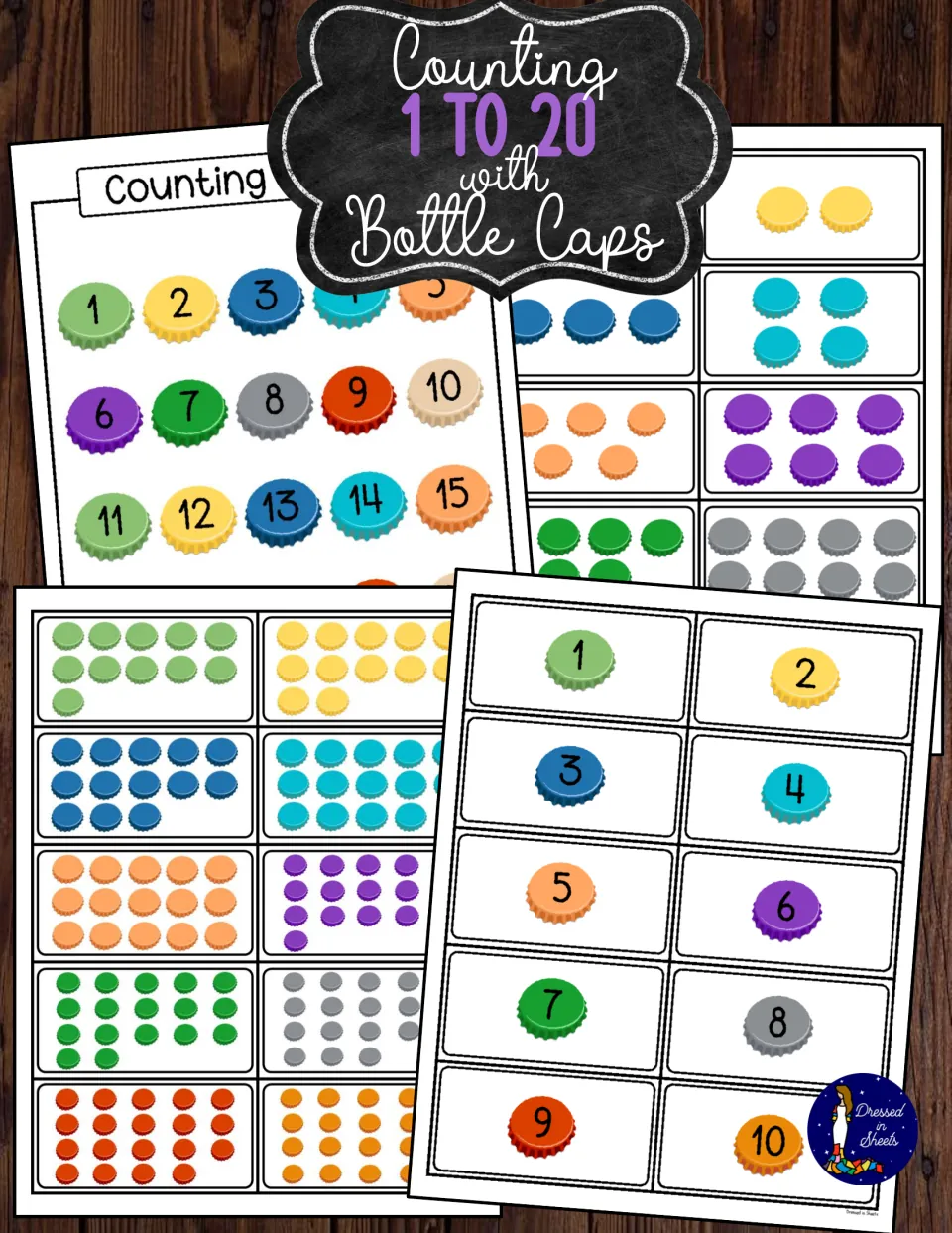 Counting 1 to 20 with Bottle Caps cover showing a numbered cap chart, cap quantity cards and numeral cards