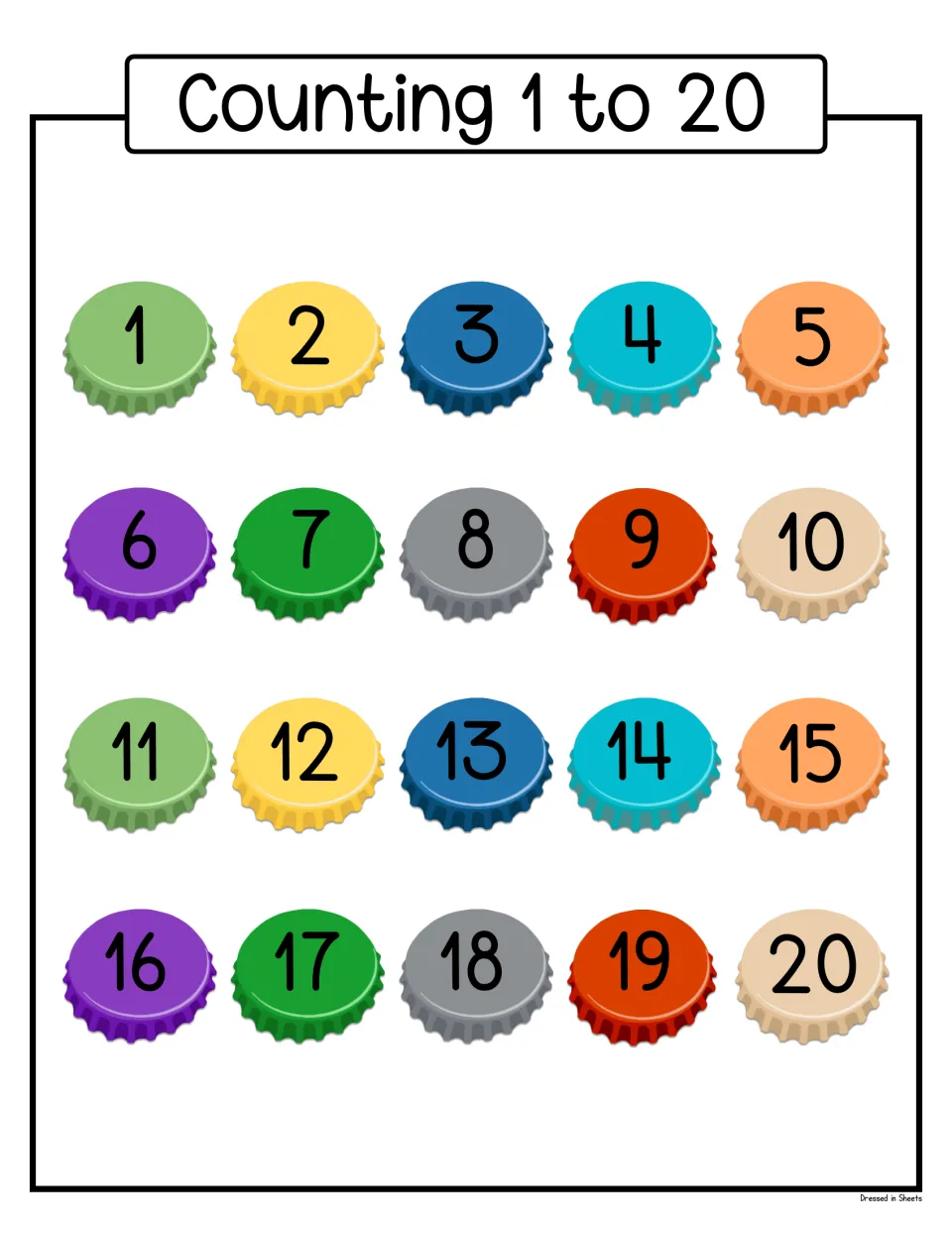 Counting 1 to 20 chart: colored bottle caps numbered 1 to 20 in four rows of five for number recognition and order