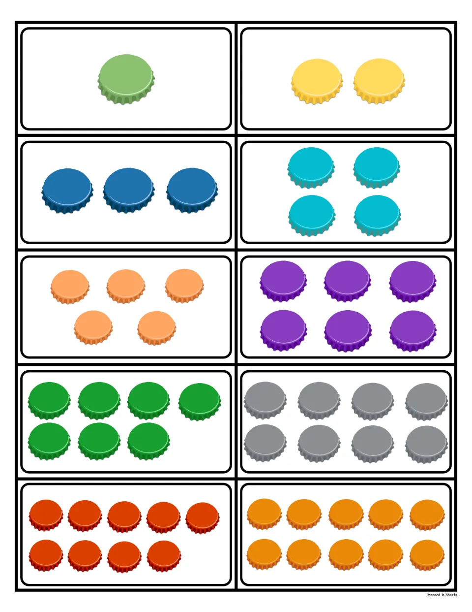 Quantity cards 1 to 10: each card shows a set of same-colored bottle caps, from one green cap up to ten orange caps