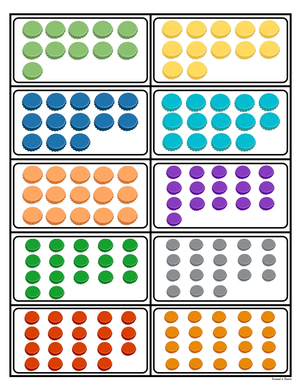 Quantity cards 11 to 20: each card shows a set of same-colored bottle caps, from 11 green caps up to 20 orange caps