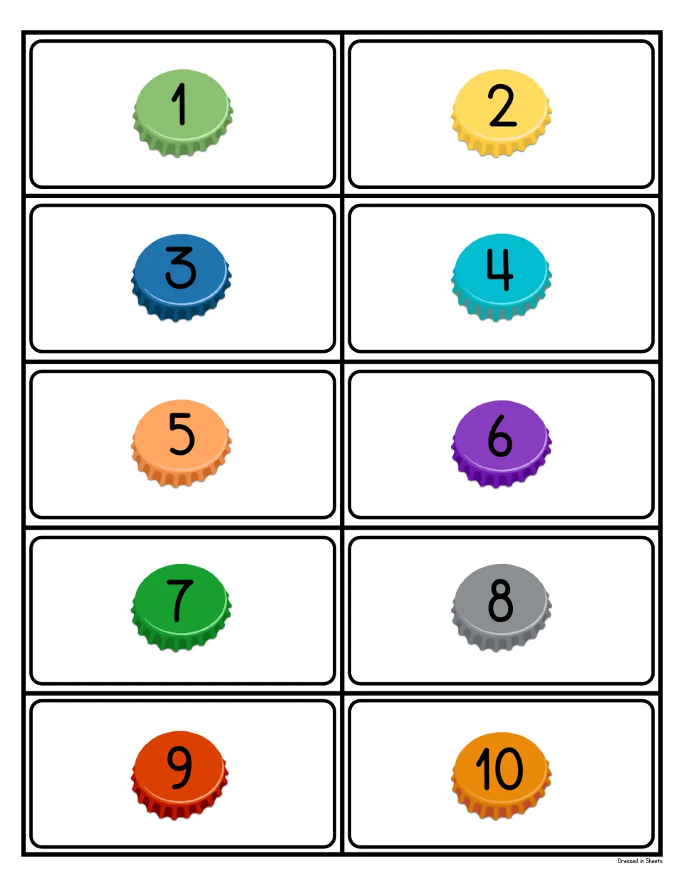 Numeral cards 1 to 10: each card shows one colored bottle cap printed with a number, matching the colors of the cap sets