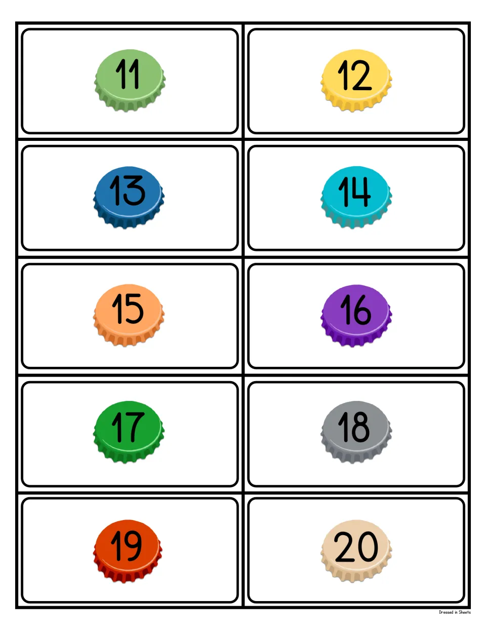 Numeral cards 11 to 20: each card shows one colored bottle cap printed with a teen number or 20 for numeral recognition