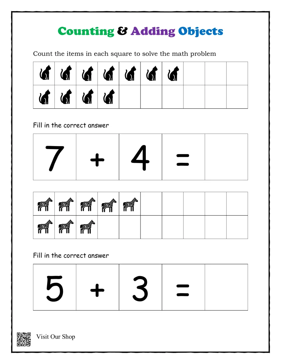 Addition with pictures: students count 11 cat icons to solve 7 + 4 and 8 zebra icons to solve 5 + 3, writing each sum