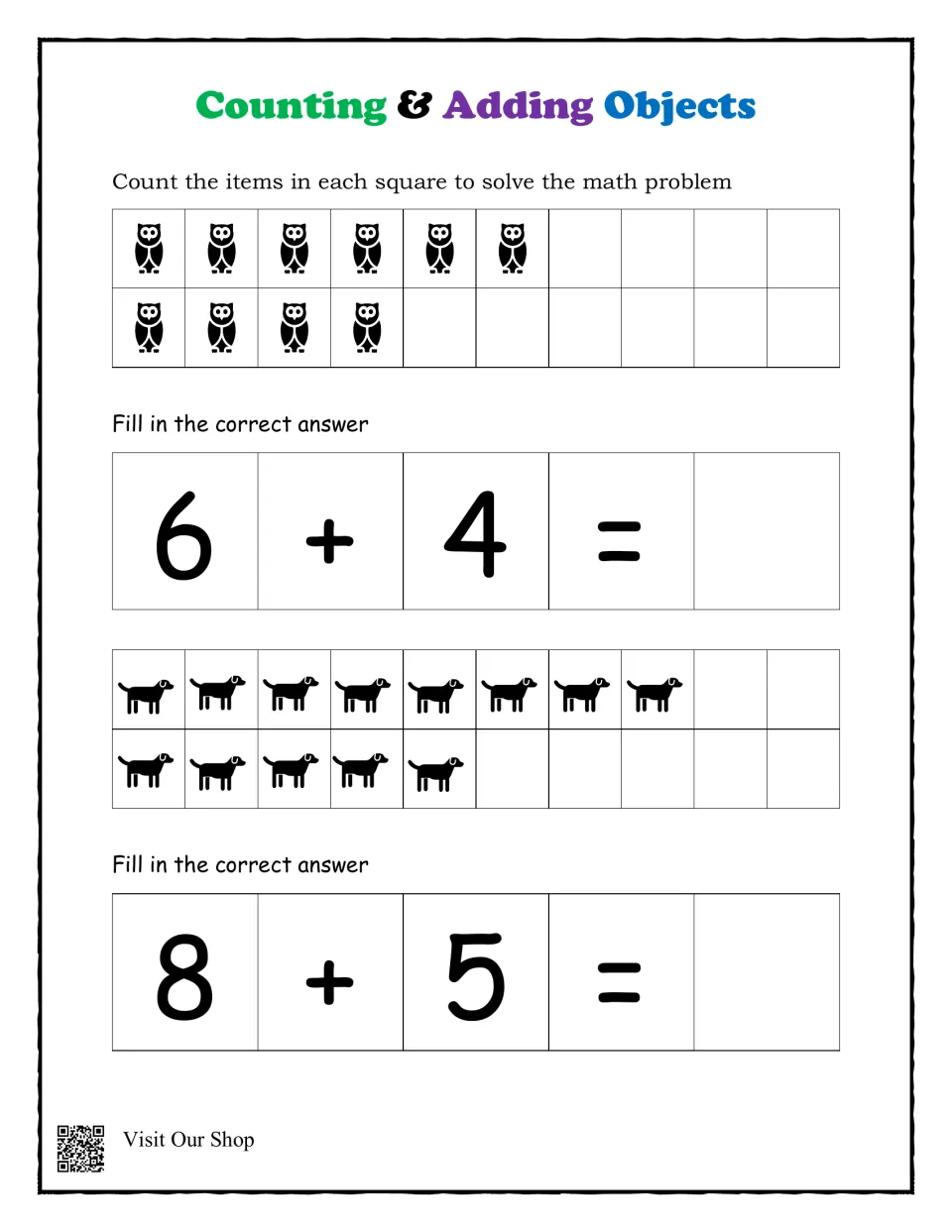 Addition by counting: students count 10 owl icons to solve 6 + 4 and 13 dog icons to solve 8 + 5, then write the sums