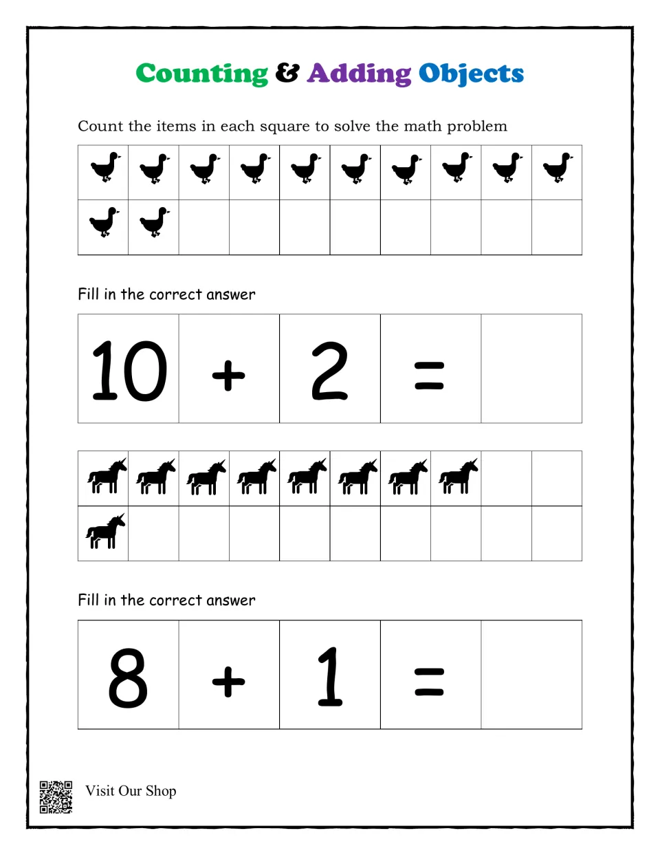 Adding with picture counts: students count 12 ducks for 10 + 2 and 9 unicorns for 8 + 1, then fill in each answer