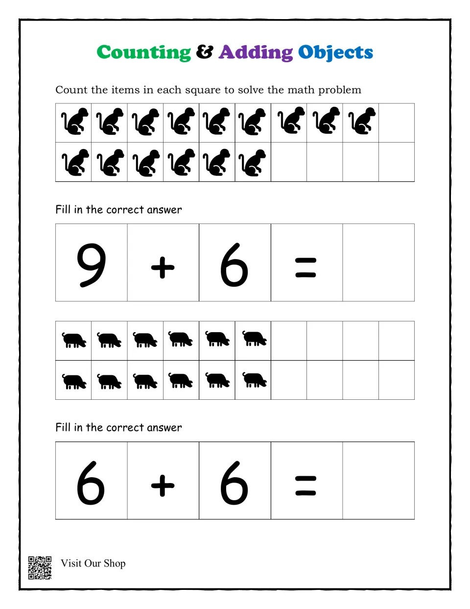 Picture addition to 15: students count 15 monkeys to solve 9 + 6 and 12 small animal icons for 6 + 6, writing sums