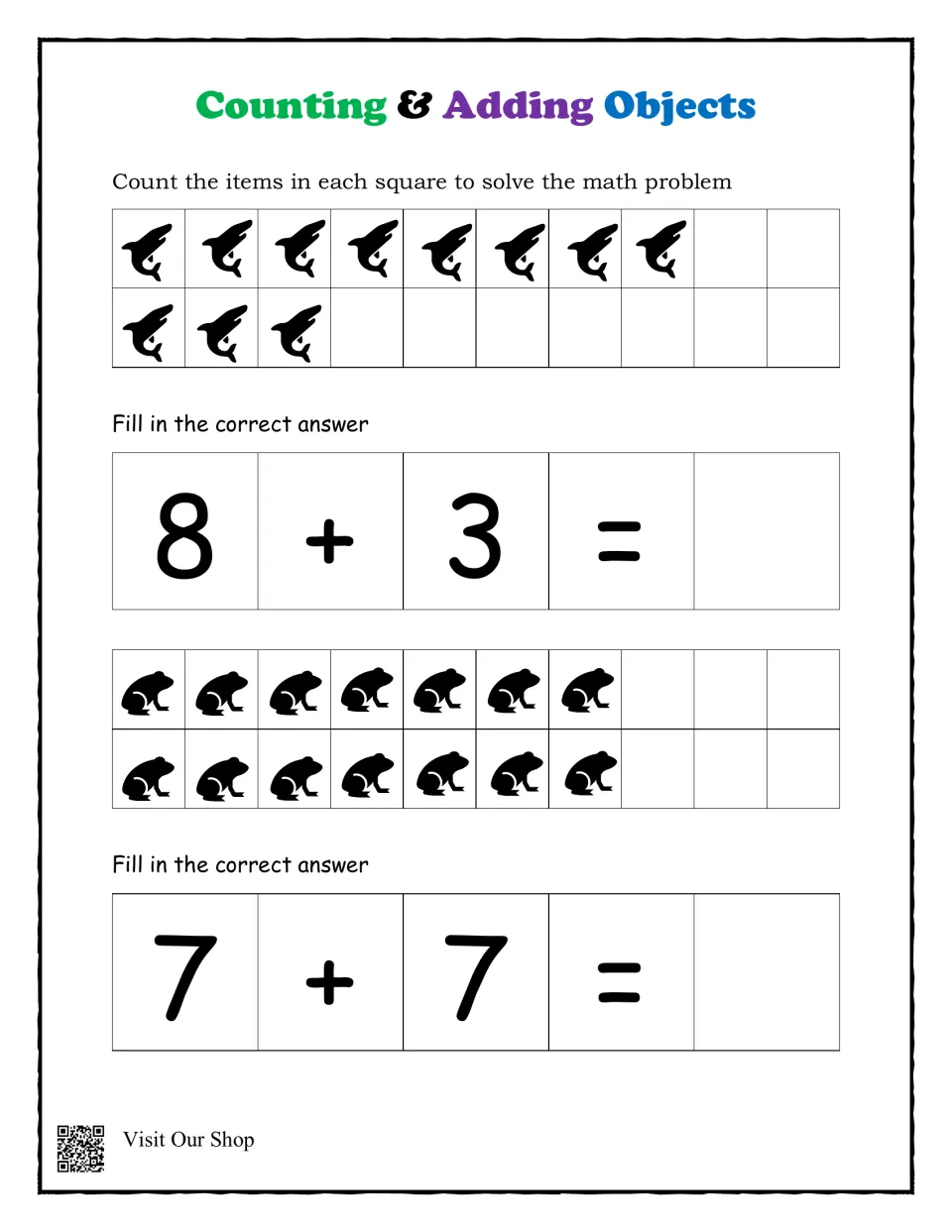 Counting to add: students count 11 shark icons for 8 + 3 and 14 frog icons for doubles fact 7 + 7, then write sums