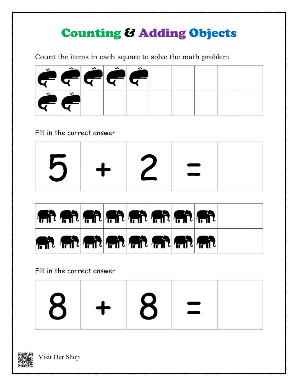 Addition with animal icons: students count 7 whales to solve 5 + 2 and 16 elephants for 8 + 8, filling in each sum