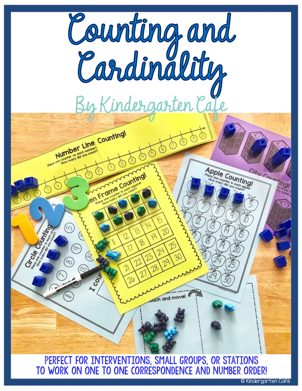 Counting and Cardinality cover: circle, ten frame, apple, number line and city counting mats shown with cubes and counters