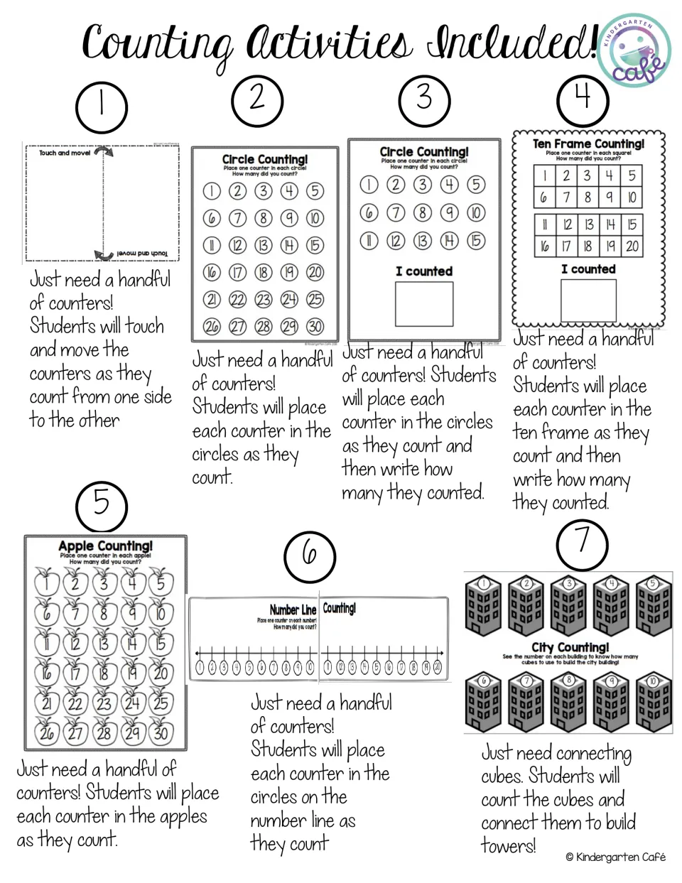Overview of 7 counting activities: touch and move, circle, ten frame, apple, number line and city cube towers