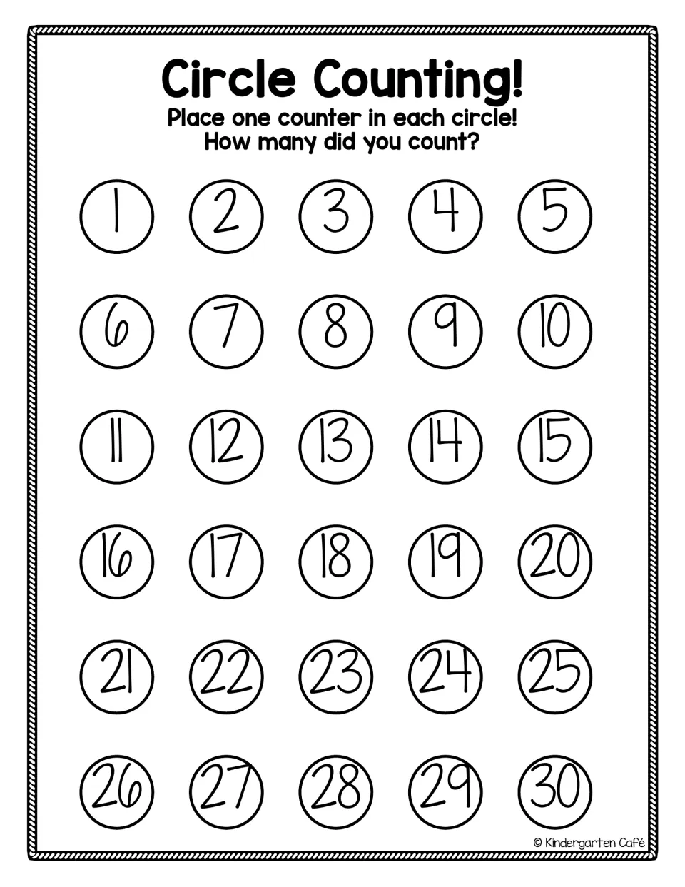 Circle Counting 1 to 30: students place one counter in each numbered circle and say how many they counted, in number order