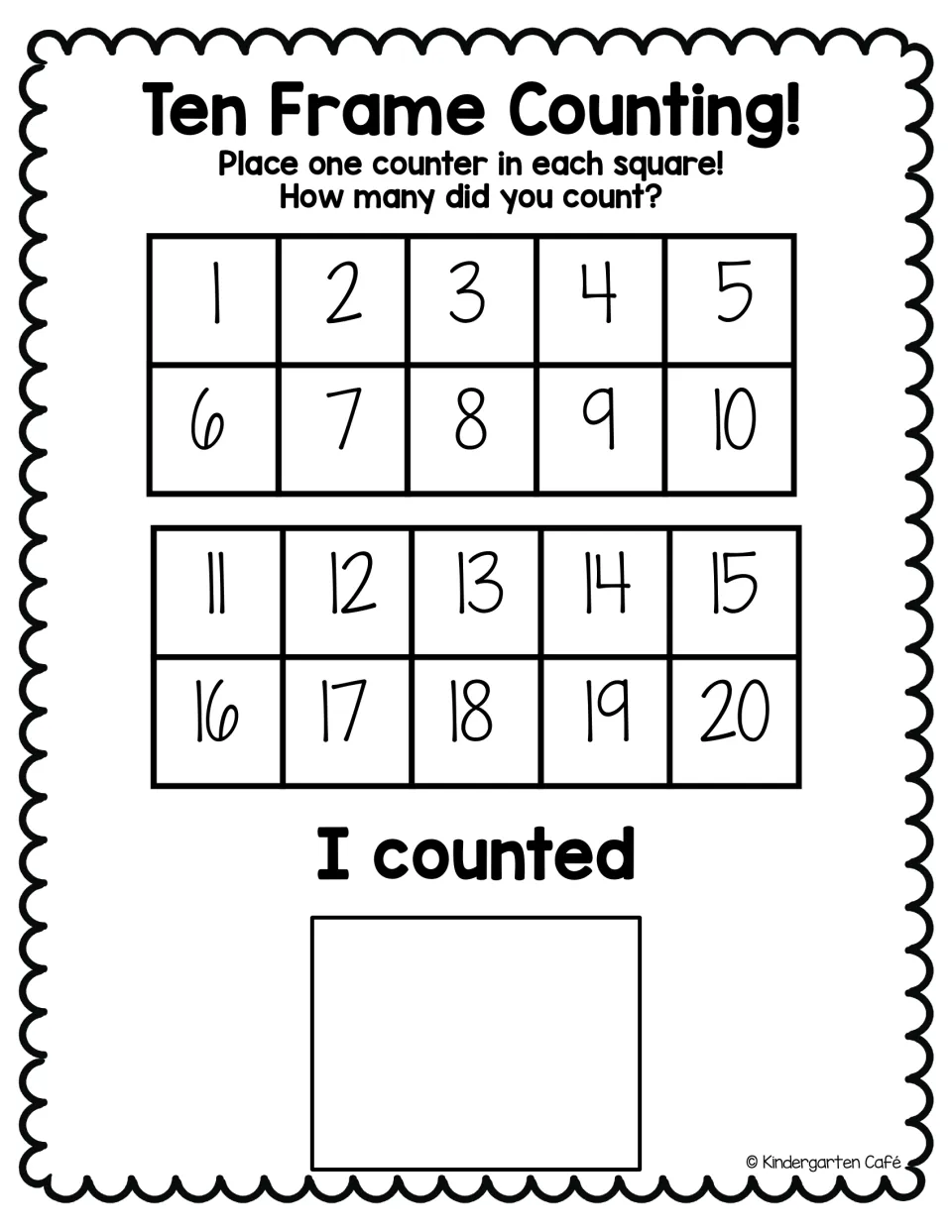 Ten Frame Counting to 20: students place a counter in each numbered square of two ten frames, then write the total