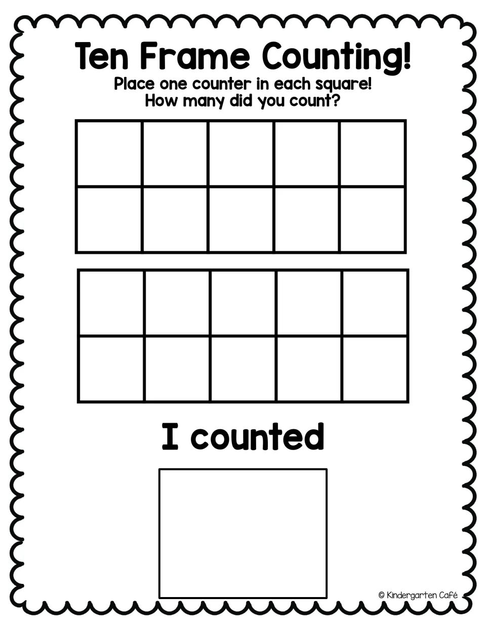Ten Frame Counting without numbers: students fill blank squares of two ten frames with counters and write the total counted